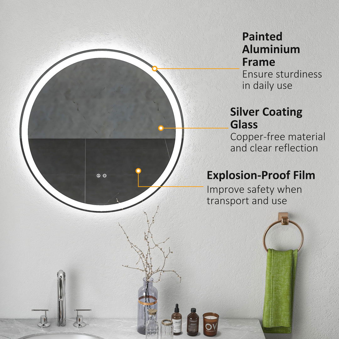Round Bathroom Mirror with LED Lights, Wall Mount Dimmable Makeup Mirror with 3 Temperature Colours, Defogging Film and Memory Function, Frameless, Hardwired, 70 x 70 cm
