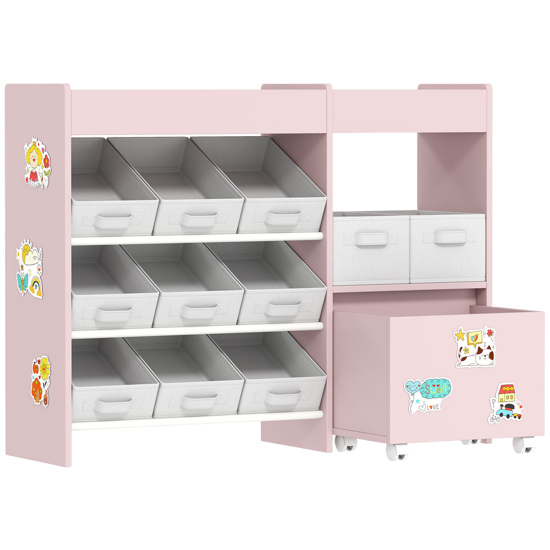 MCL Kids Toy Storage Unit with 11 Bins, Cabinet, Top Shelves, 3 Stickers, for Nursery, Playroom, Pink