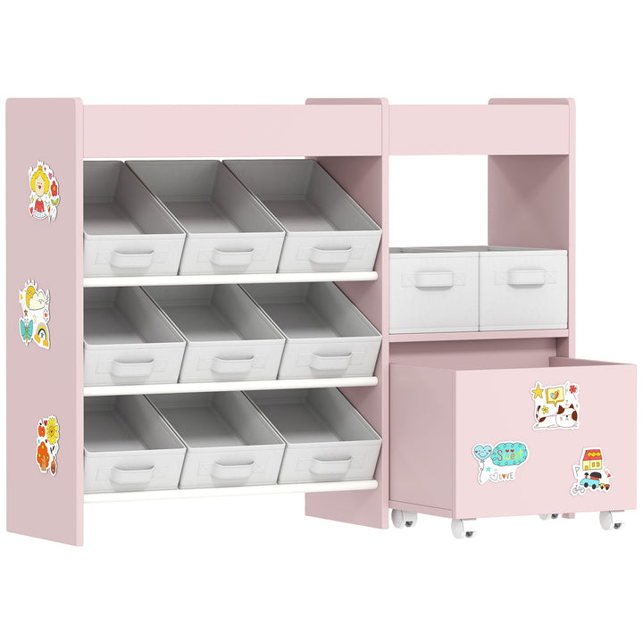 MCL Kids Toy Storage Unit with 11 Bins, Cabinet, Top Shelves, 3 Stickers, for Nursery, Playroom, Pink