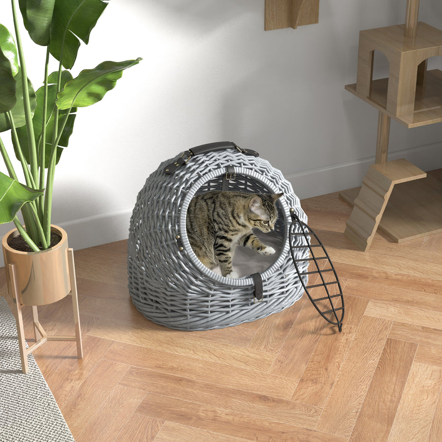 Wicker Pet Carrier Basket Cat Kitten Bed Portable Travel Cage w/ Soft Cushion Handle Grey 50 x 40 x 40 cm