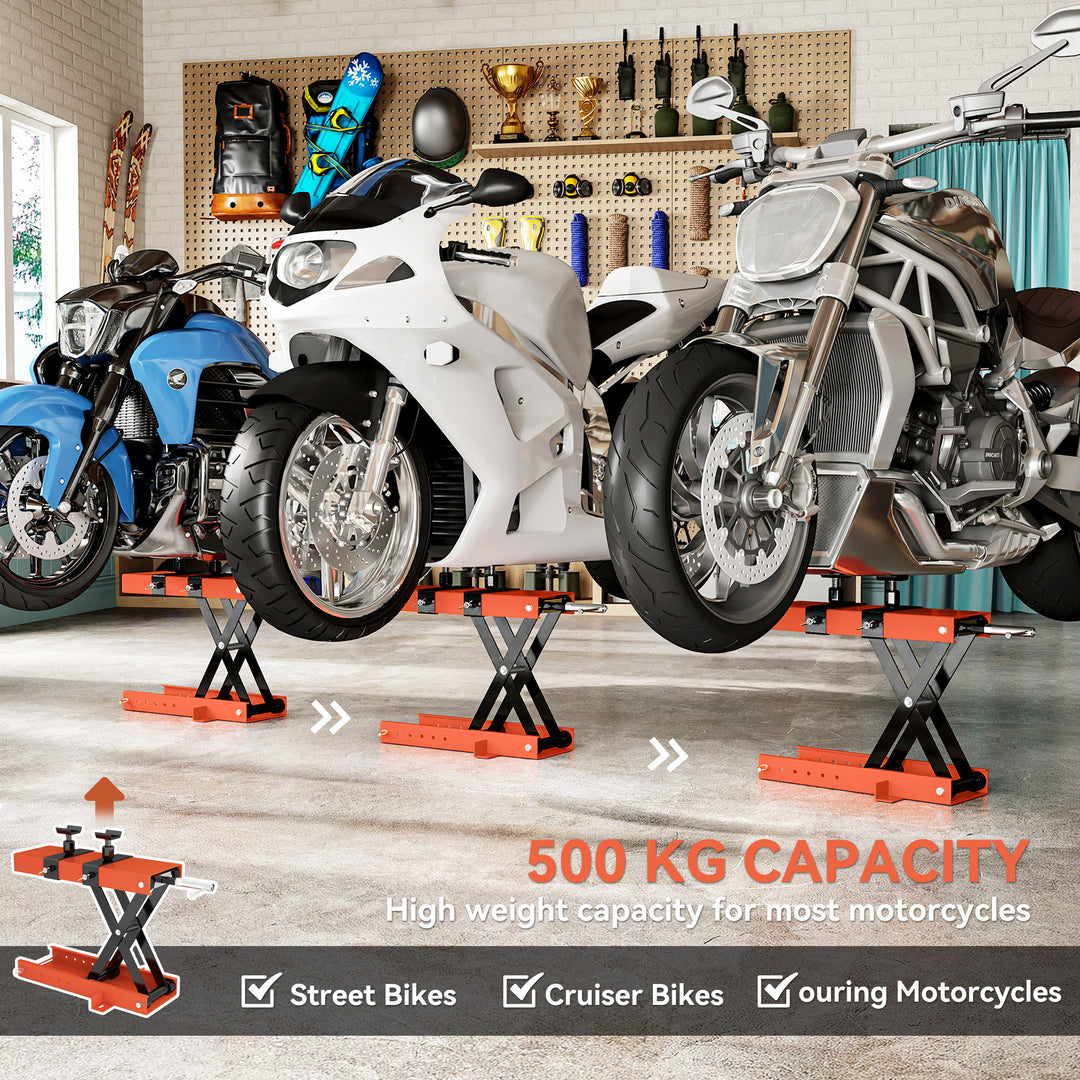 500 kg Motorcycle Scissor Lift Jack, Heavy Duty Steel Adjustable Motorbike Lifting Hoist Stand with Safety Pin, Foldable Lifter for Dirt Bike Repair Maintenance, 45x15 cm Large Platform, Orange