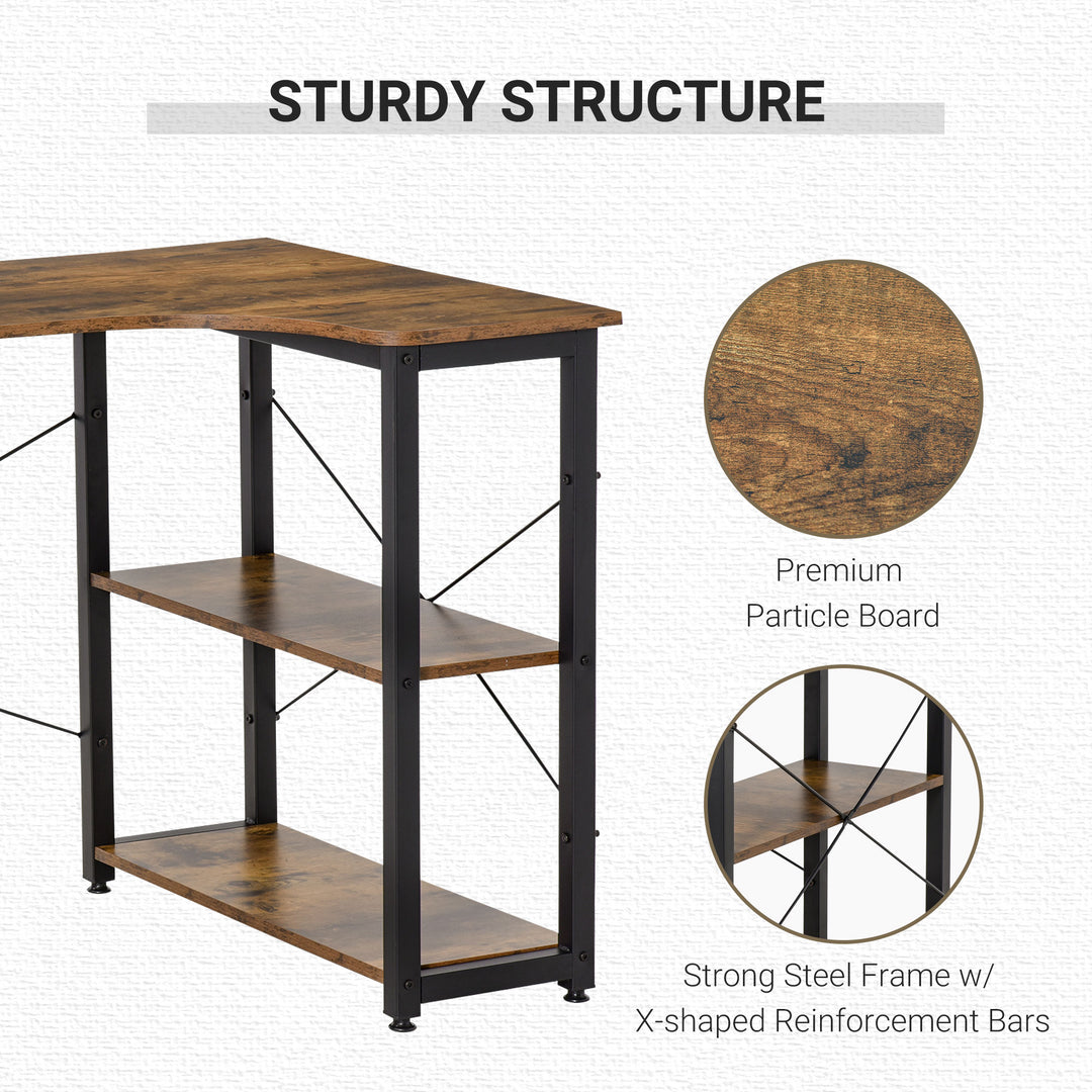 HOMCOM L-Shaped Computer Desk Home Office Corner Desk Study Workstation Table with 2 Shelves, Steel Frame, Rustic Brown | Aosom UK