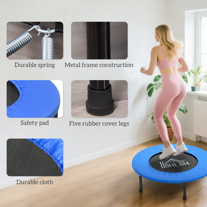 32" Mini Fitness Trampoline Home Gym Yoga Exercise Rebounder Indoor Outdoor Jumper with Safety Pad, Support Up to 100 KG, Blue and Black