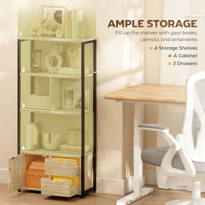 4-Tier Bookcase, Bookshelf with 1 Cabinet and 2 Drawers for Living Roo