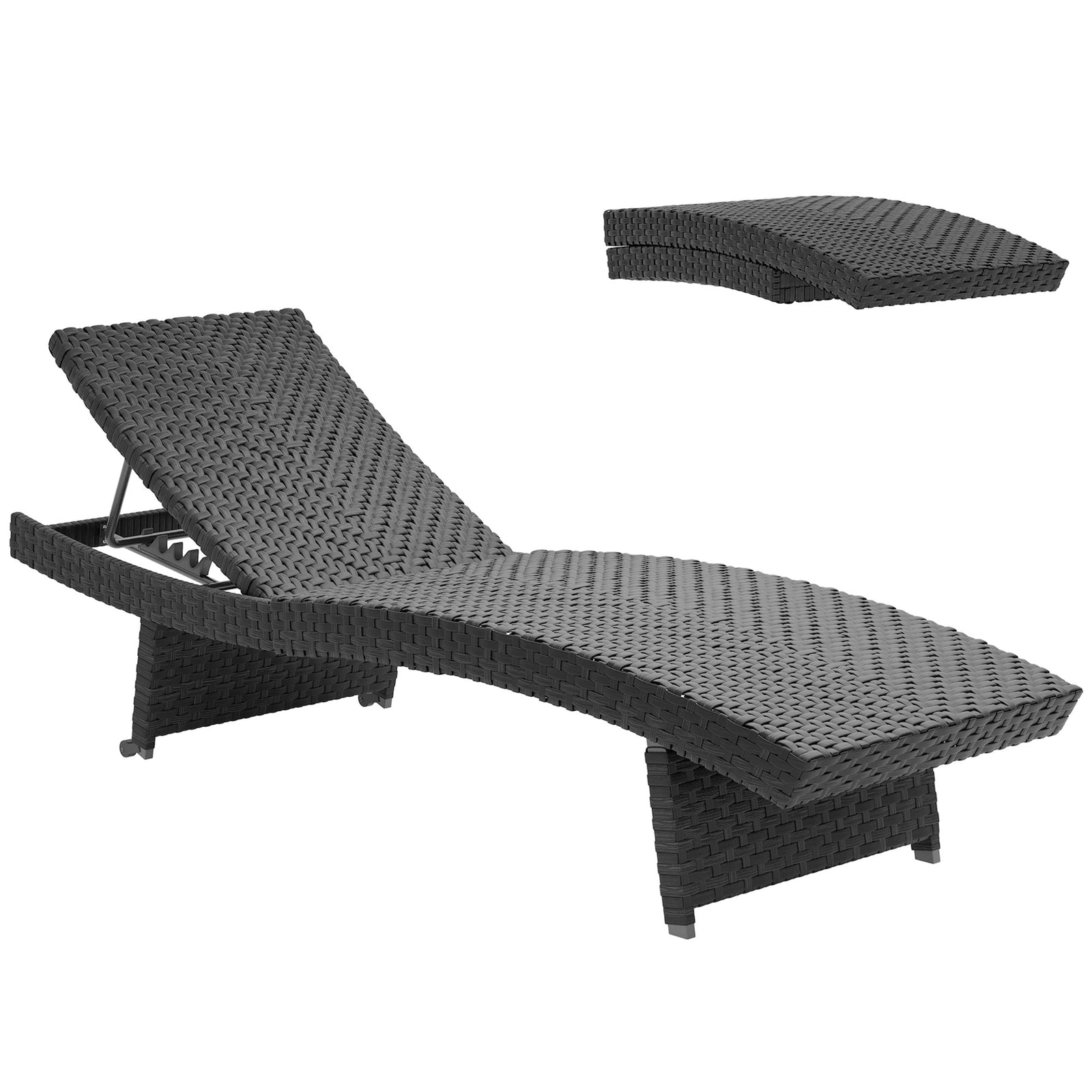 Outdoor PE Rattan Sun Lounger, Folding Wicker Garden Lounger Recliner with 4-Level Adjustable Backrest, Rolling Sunbed Lounge Chair with Wheels, Non-Slip Legs for Balcony, Beach, Black