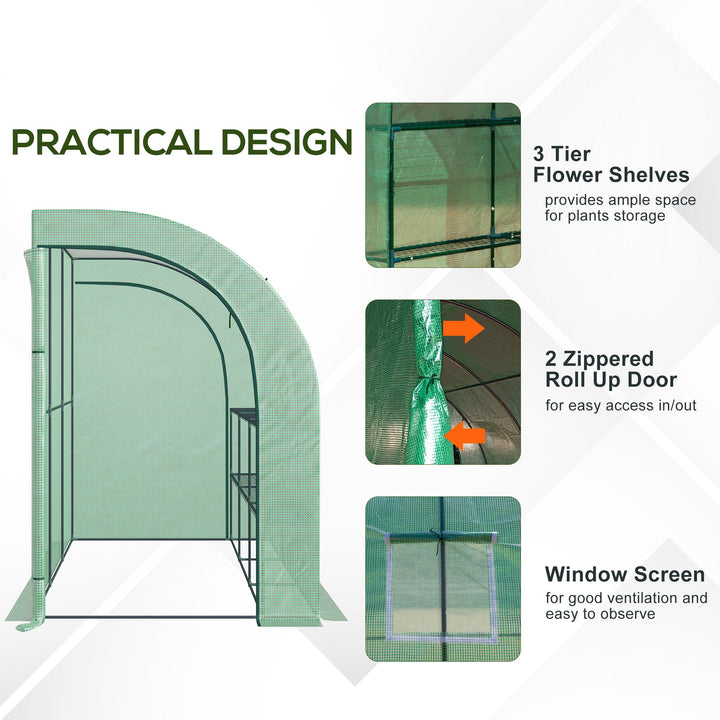 Walk-In Lean to Greenhouse with Windows and Zippered Doors, 2 Tiers 6 Wired Shelves 300L x 150W x 213Hcm Green