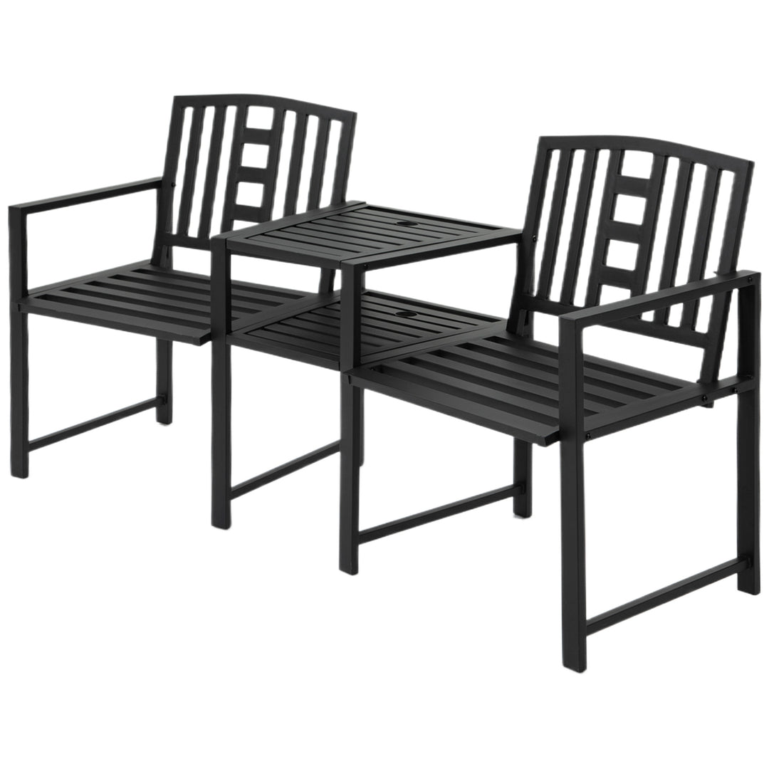 2 Seat Garden Chair Bench Loveseats Jack and Jill Seat w/Coffee Table Slatted Design Patio Yard