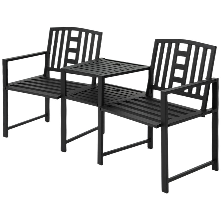 2 Seat Garden Chair Bench Loveseats Jack and Jill Seat w/Coffee Table Slatted Design Patio Yard