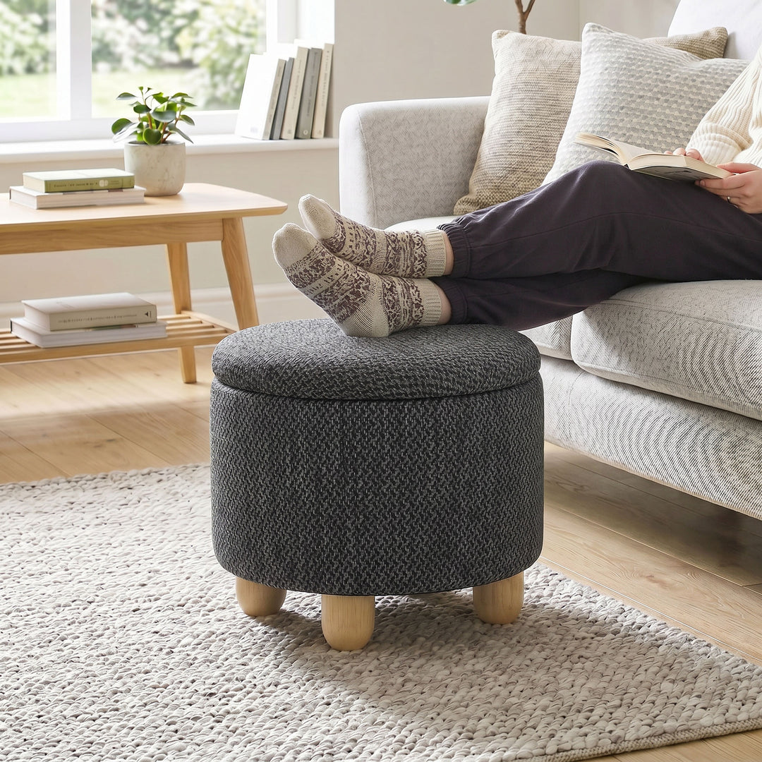 Storage Sitting Bench with Lid, Round Storage Ottoman with Rubberwood 