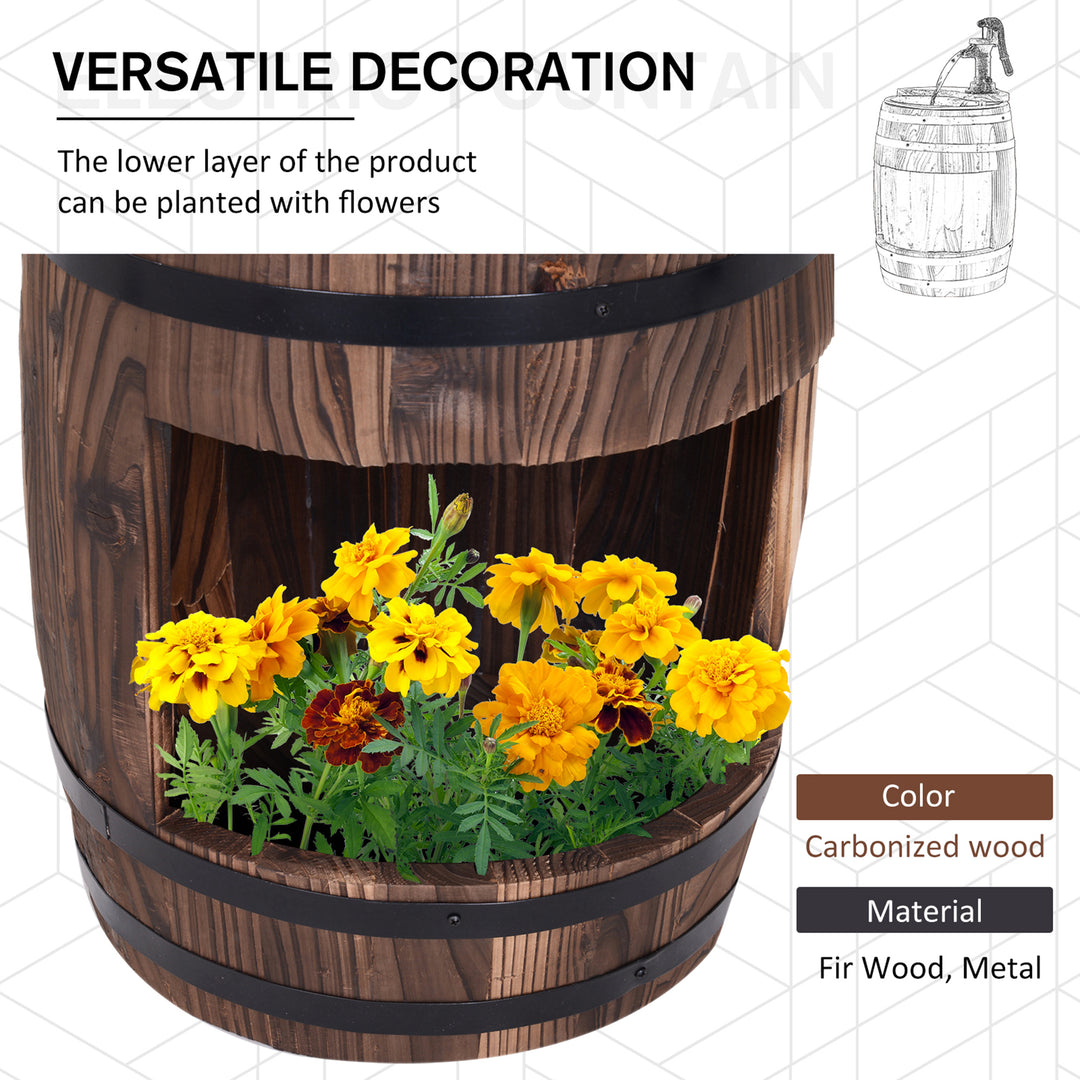 MCL Wood Barrel Patio Water Fountain Electric Pump Garden Decorative Ornament with Flower Planter Decor