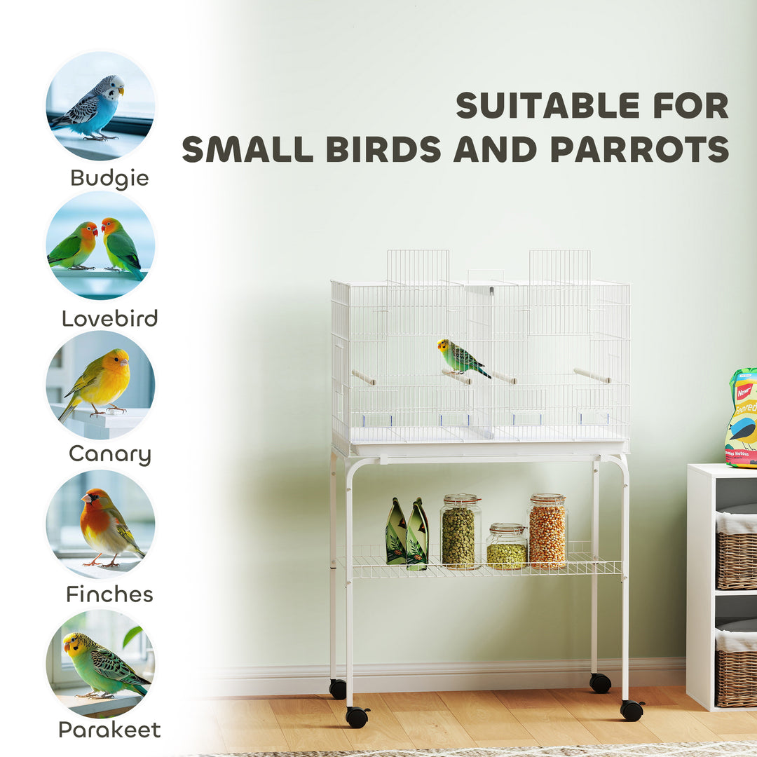 Bird Cage with Divider, 4 Wooden Perches, Slide Out Tray, 4 Feeders, for Budgie, Lovebird, Canary, 76 x 46 x 116cm White