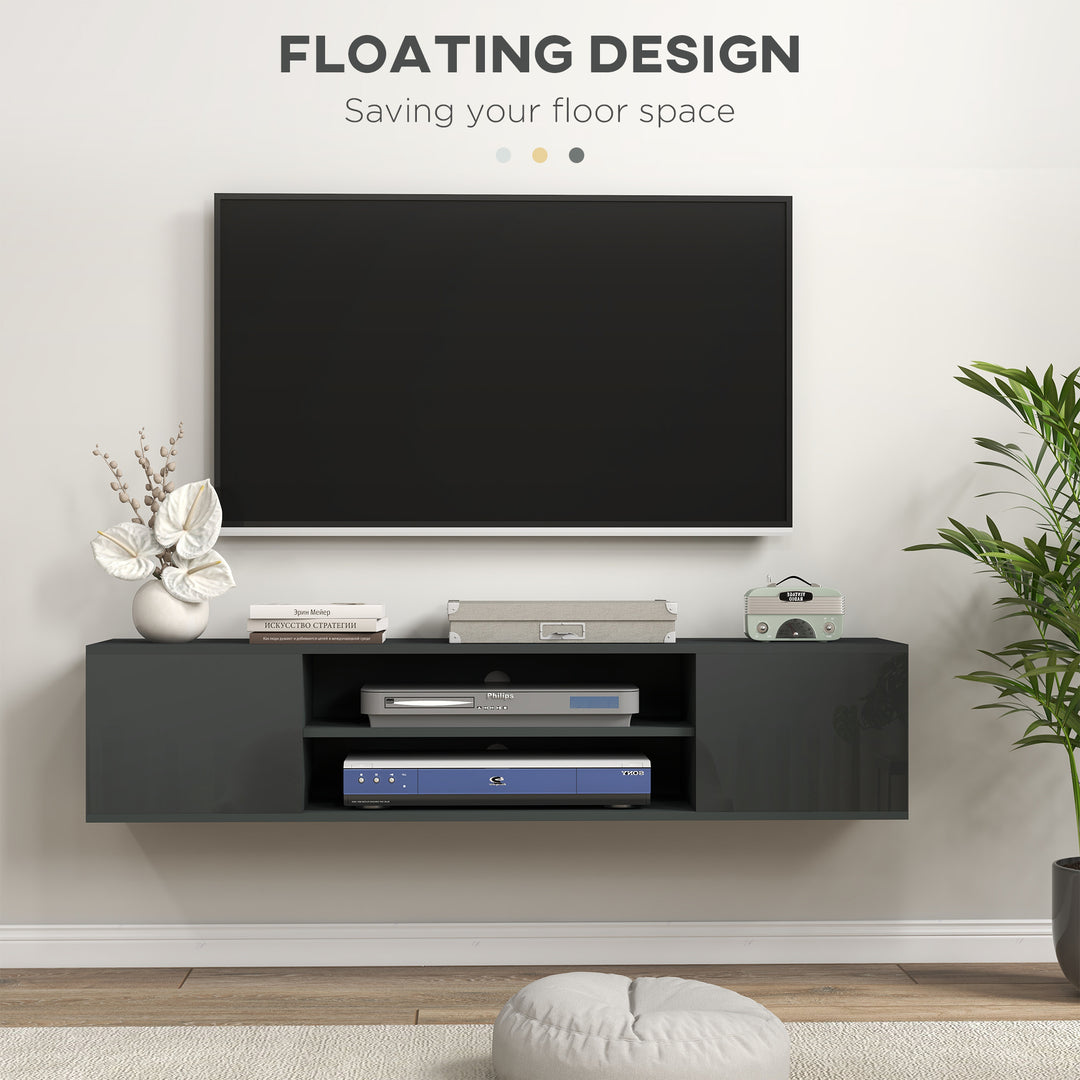 HOMCOM Floating TV Stand Cabinet for TVs up to 60", Wall Mounted TV Unit with Open Shelf, Storage Cupboards and Cable Management for Living Room, Grey