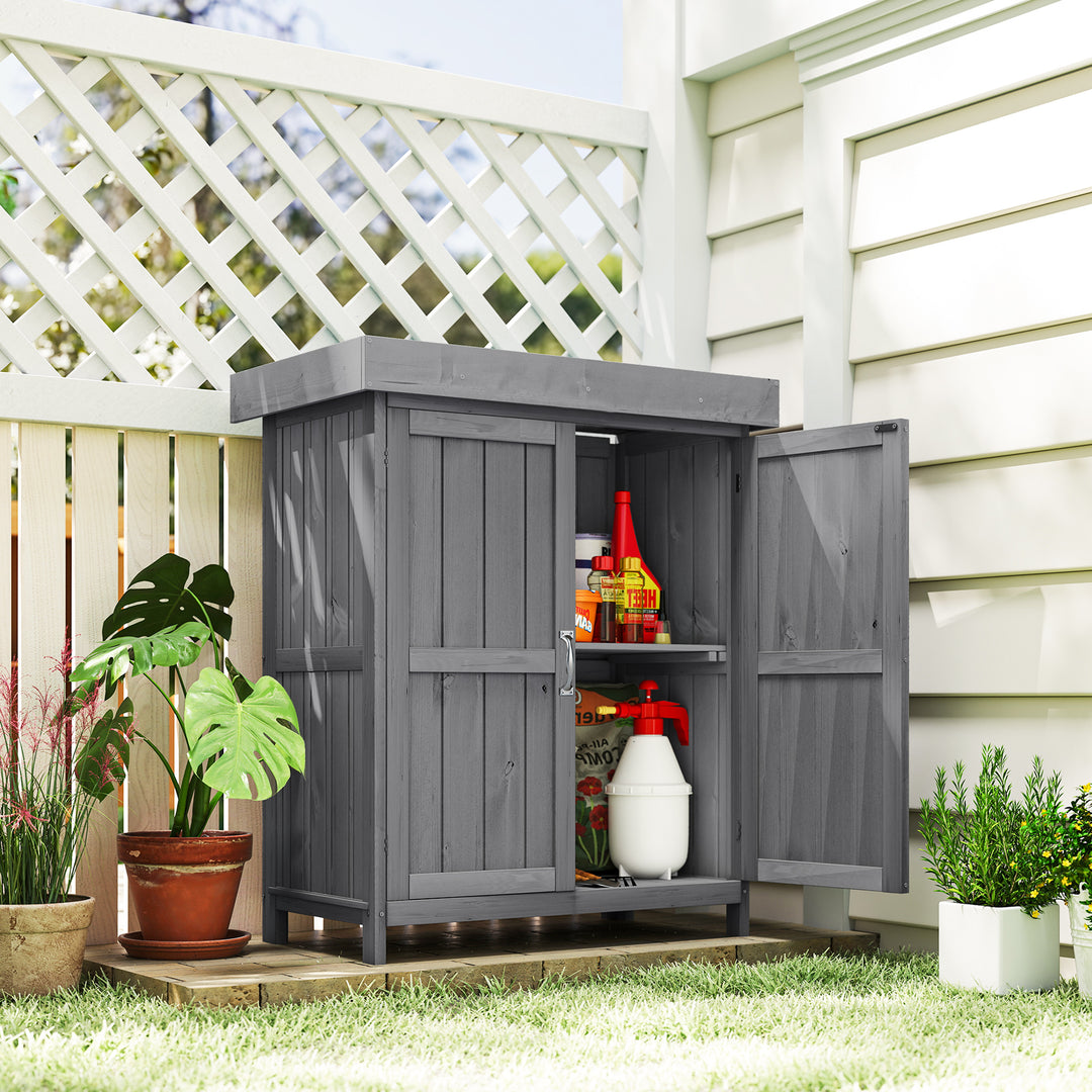 MCL Small Shed, Wooden Garden Shed with Openable Hinged Roof and Removable Shelf, Outdoor Tool Storage Cabinet Chest with Double Doors, 74 x 43 x 88 cm, Grey