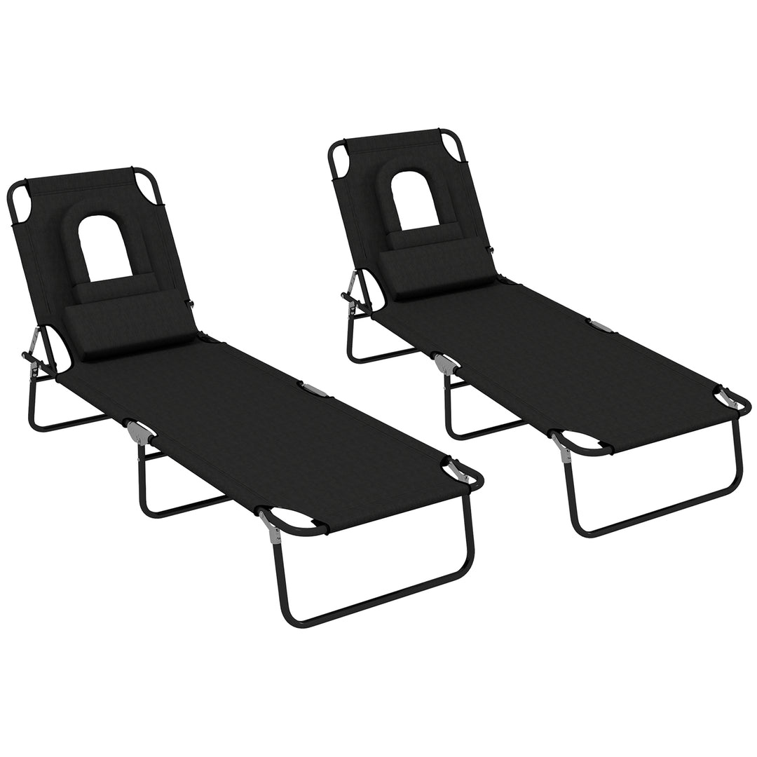 Outdoor Folding Sun Lounger Set of 2 with Face Hole, 4 Level Adjustable Backrest Reclining Garden Lounger, Garden Recliner Sunbed with 600 D Oxford Cloth Seat and Pillow for Beach, Black
