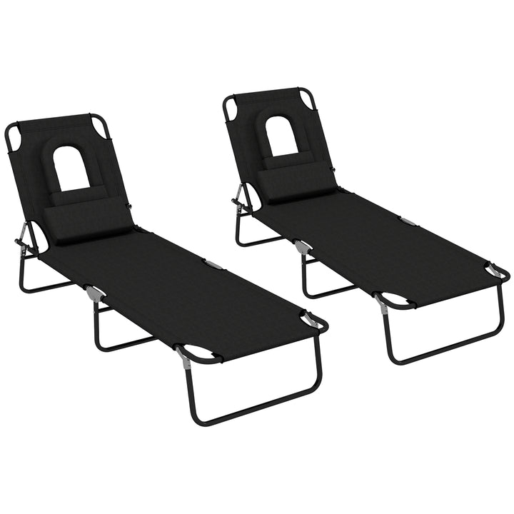 Outdoor Folding Sun Lounger Set of 2 with Face Hole, 4 Level Adjustable Backrest Reclining Garden Lounger, Garden Recliner Sunbed with 600 D Oxford Cloth Seat and Pillow for Beach, Black