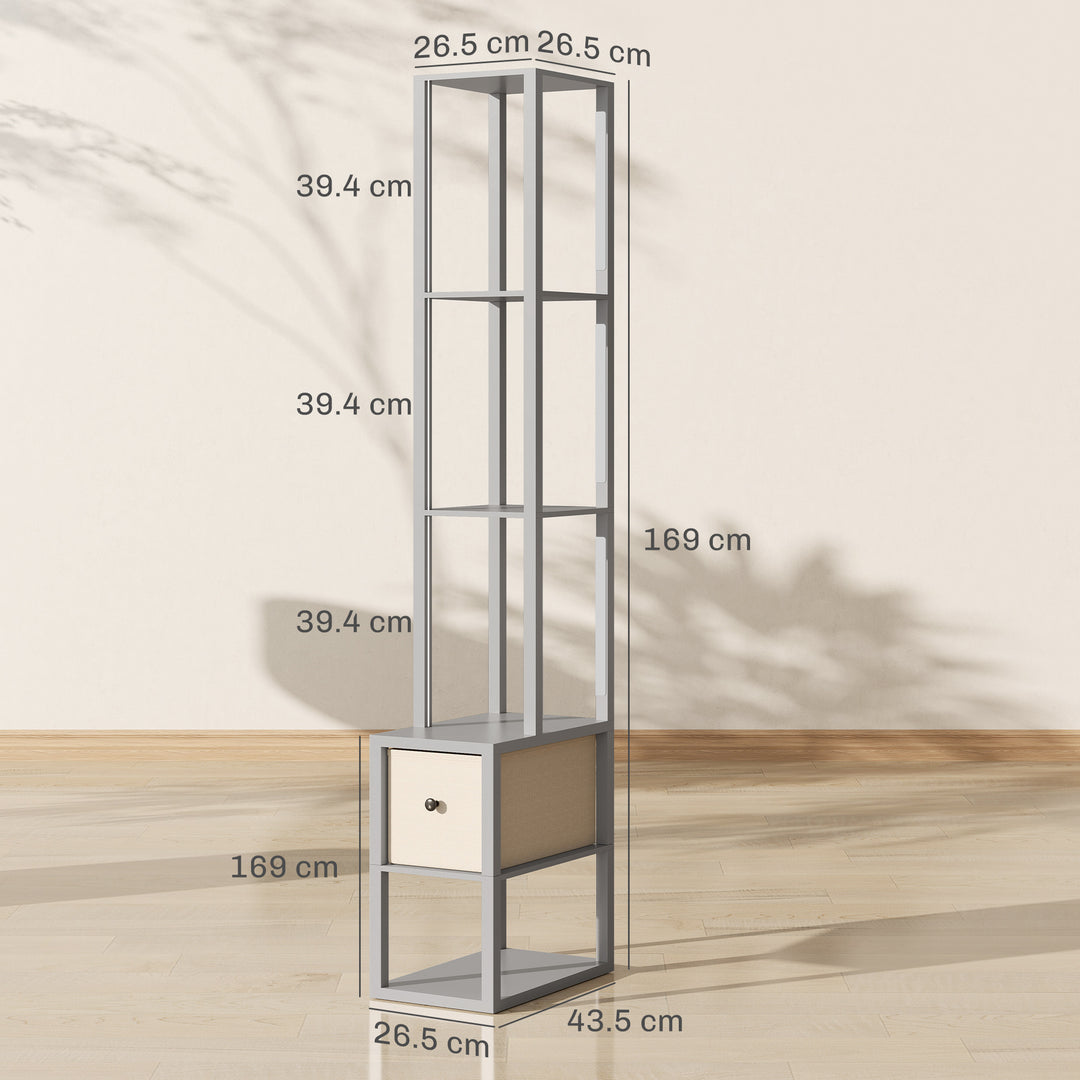 Floor Lamp with Shelves, LED Column Modern Standing Lamp with Fabric Drawer, Adjustable Brightness, Foot Switch for Living Room, Bedroom, Office, Grey