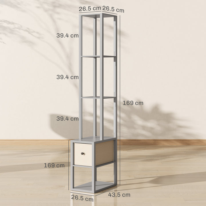 Floor Lamp with Shelves, LED Column Modern Standing Lamp with Fabric Drawer, Adjustable Brightness, Foot Switch for Living Room, Bedroom, Office, Grey
