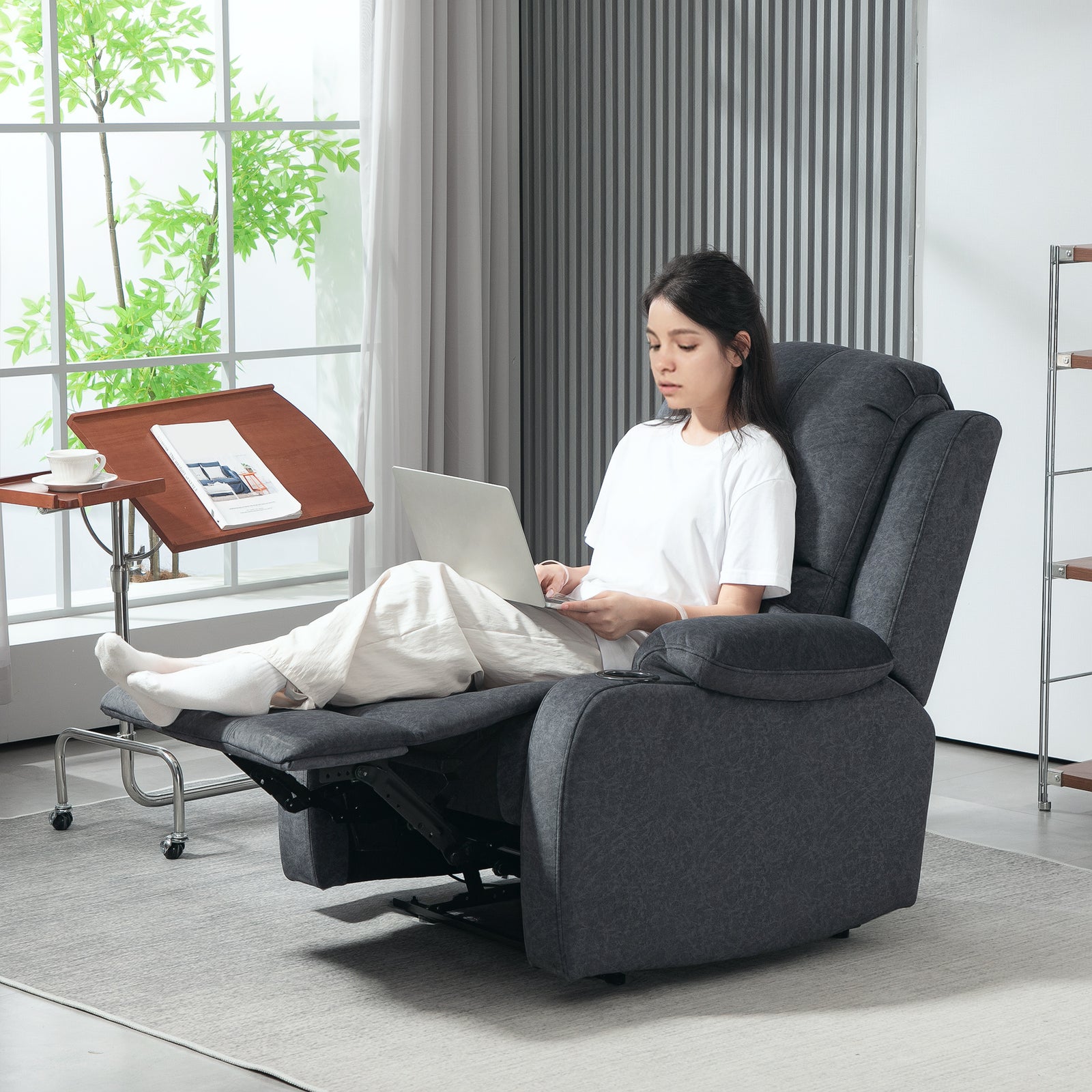 Microfibre Manual Reclining Armchair, with Footrest - Black