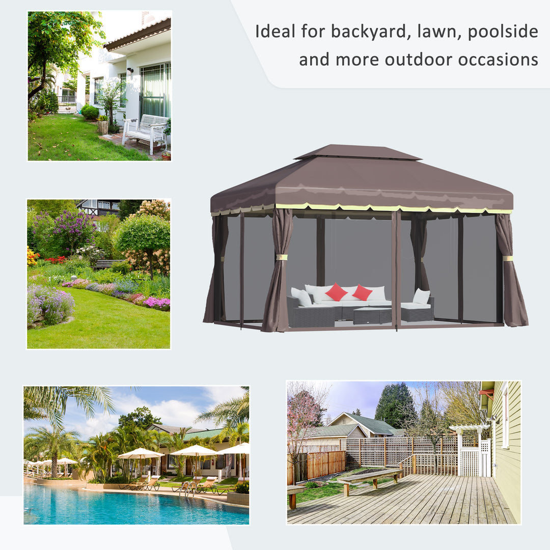 3 x 4m Aluminium Garden Gazebo, Marquee Canopy Shelter Pavilion Party Tent with Nets and Curtains for Garden and Deck, Coffee