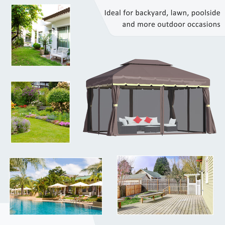 3 x 4m Aluminium Garden Gazebo, Marquee Canopy Shelter Pavilion Party Tent with Nets and Curtains for Garden and Deck, Coffee