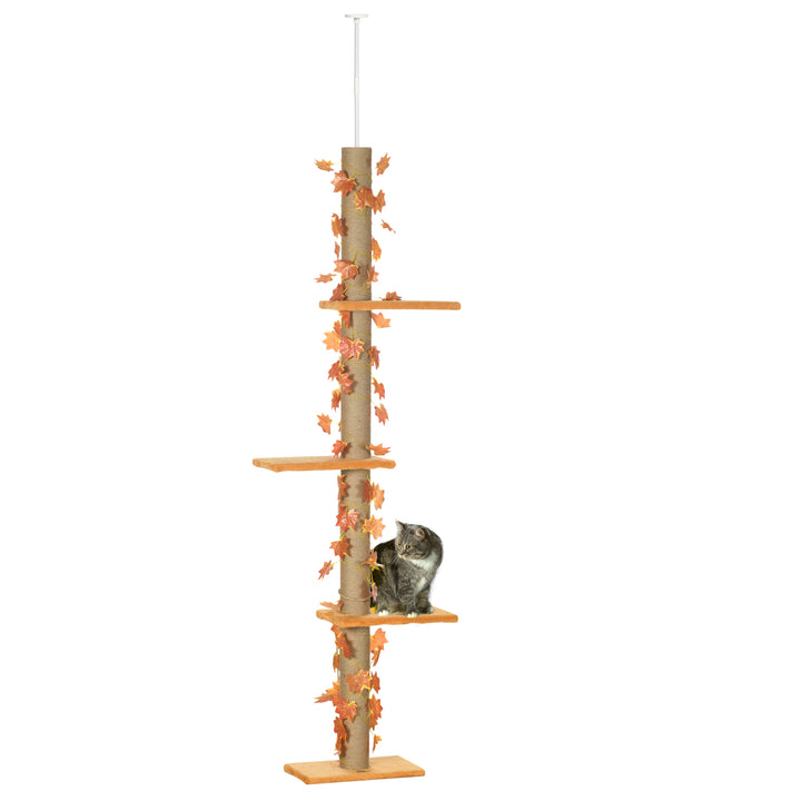 PawHut 202-242cm Height Adjustable Floor to Ceiling Cat Tree for Cats with Sisal Scratching Post, 3- Tier Cat Tower | Aosom UK