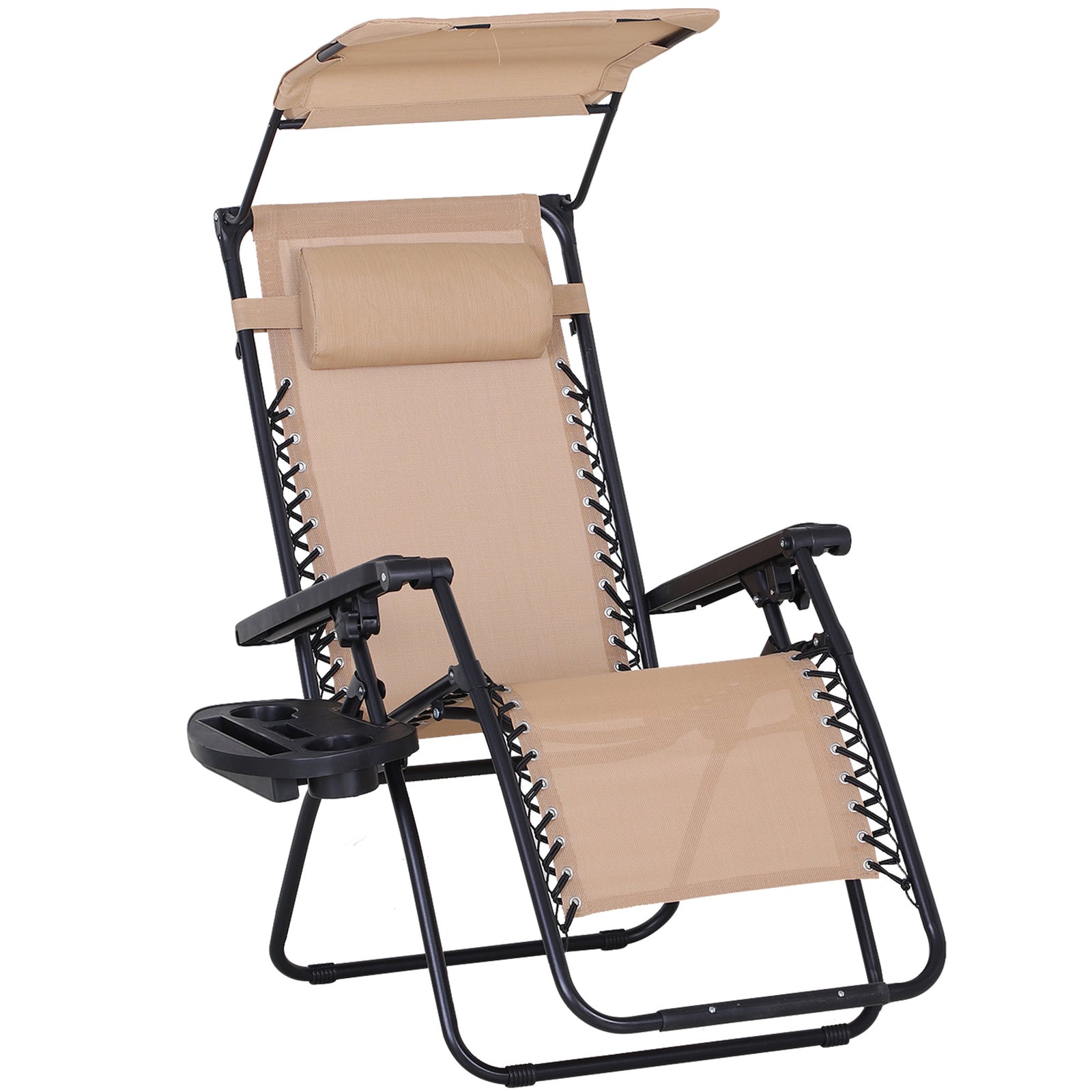 Foldable Reclining Garden Chair with Headrest, Zero Gravity Deck Sun Lounger Seat Chair with Footrest, Armrest, Cup Holder & Canopy Shade, Beige