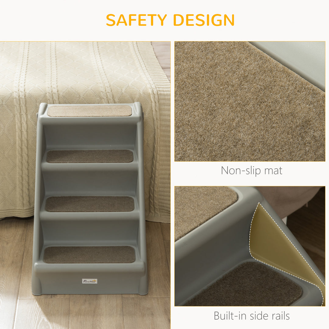 PawHut Foldable Pet Stairs, 4-Step for Cats Small Dogs with Non-slip Mats, 62 x 38 x 49.5 cm, Grey | Aosom UK