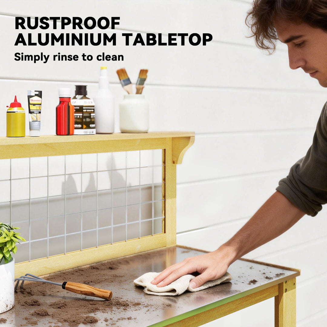 Wooden Potting Bench Table with Aluminium Worktop, Outdoor Garden Work
