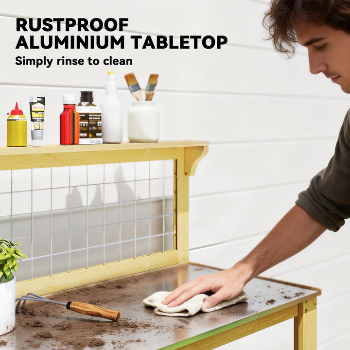 Wooden Potting Bench Table with Aluminium Worktop, Outdoor Garden Work