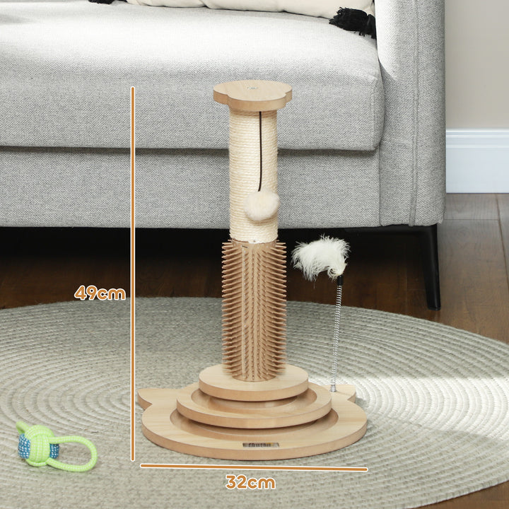 49cm 5 in 1 Cat Scratching Post with Sisal Post, Track Ball, Self Grooming Brush, Hanging Toy Ball, Feather, Oak Tone