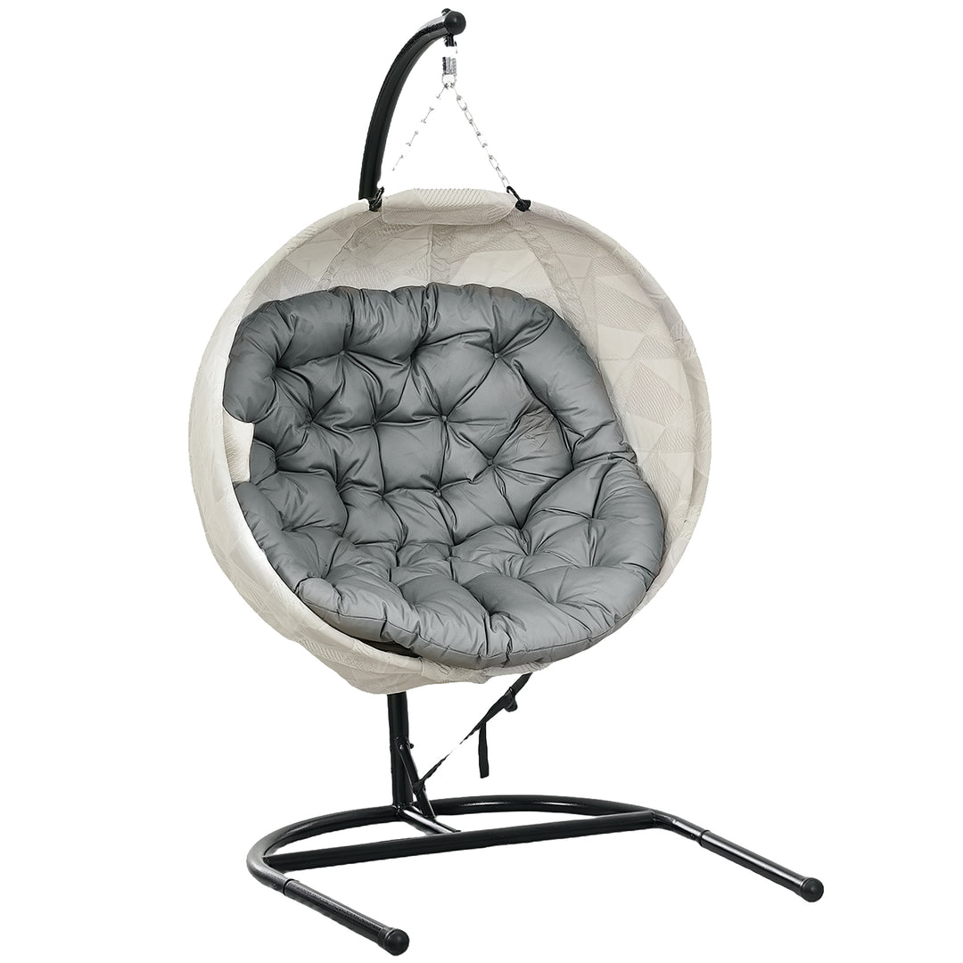 Hanging Egg Chair Outdoor Indoor Garden Swing Chair with Folding Basket, Garden Hanging Chair with Stand, Thickened Cushion, Cup Holder for Patio, Balcony, Grey
