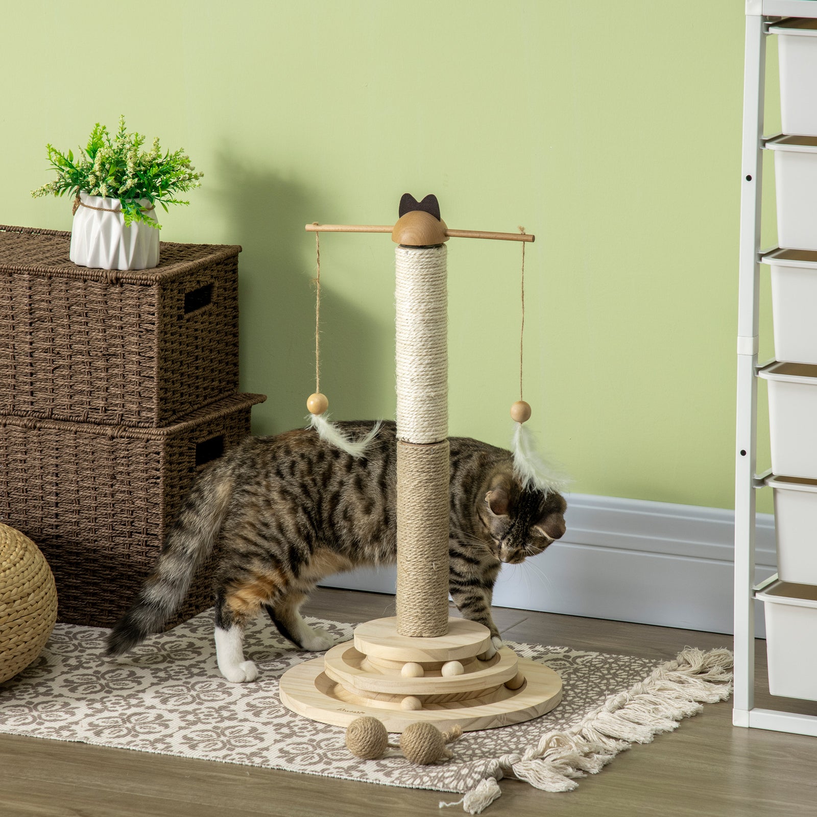 Cat Tree, with Scratching Post, Turntable Toy Ball - Natural Finish