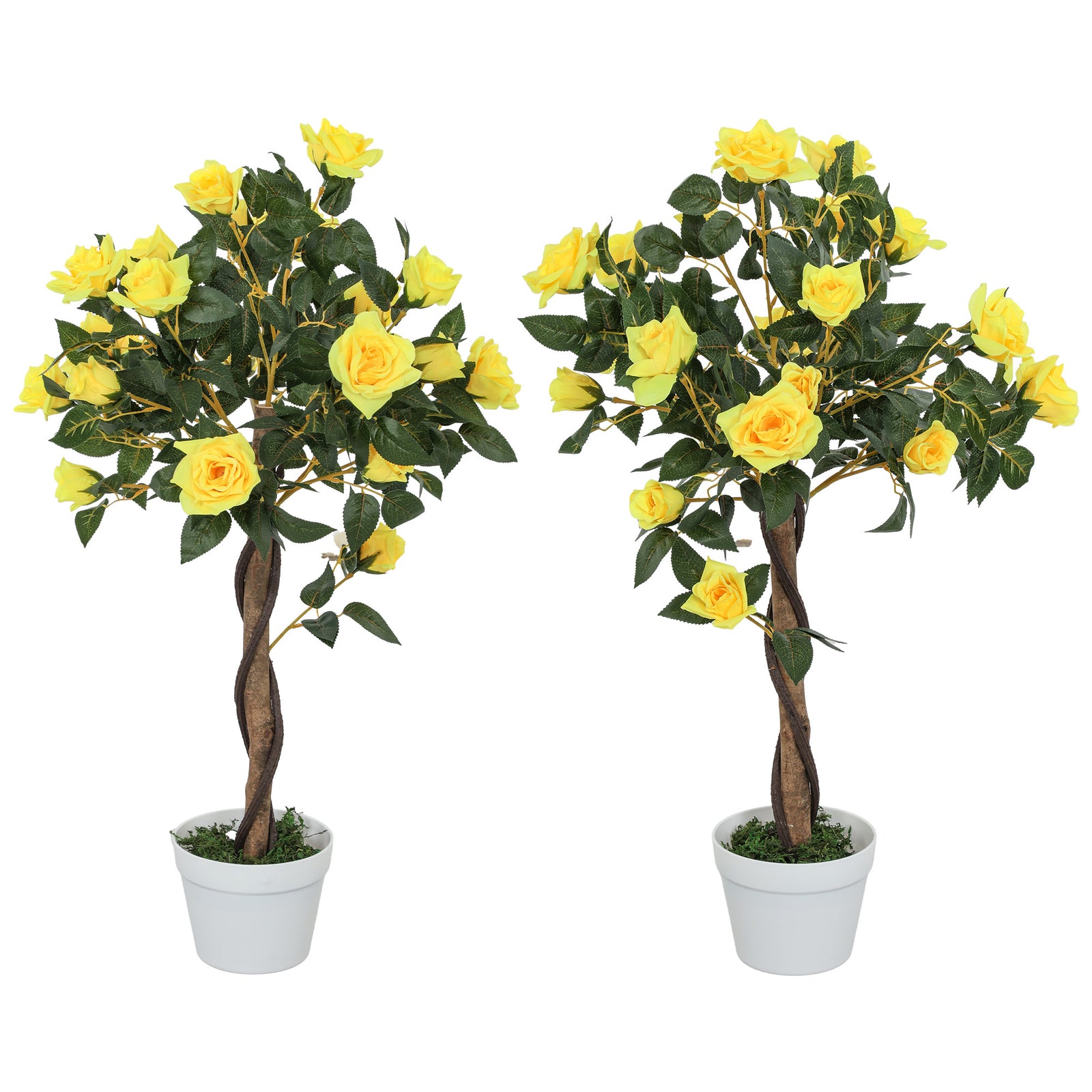 Set of 2 Artificial Plants White Rose Floral in Pot, Fake Plants for Home Indoor Decor, 90cm, Yellow