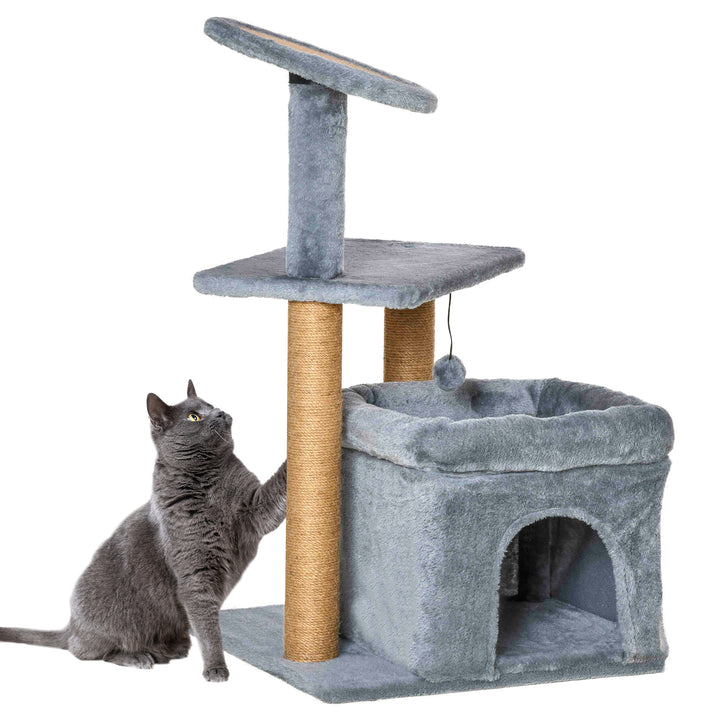 PawHut Cat Tree Tower Kitten Activity Center with Scratching Posts Pad Condo Perch Bed Interactive Ball Toy 48 x 48 x 84cm, Grey | Aosom UK