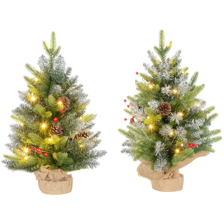 HOMCOM 2 Pieces 2ft Prelit Artificial Christmas Tree with LED Light and 141 Tips, Concrete Base, Tabletop Xmas Tree with Pine Cones and Red Berries, Green