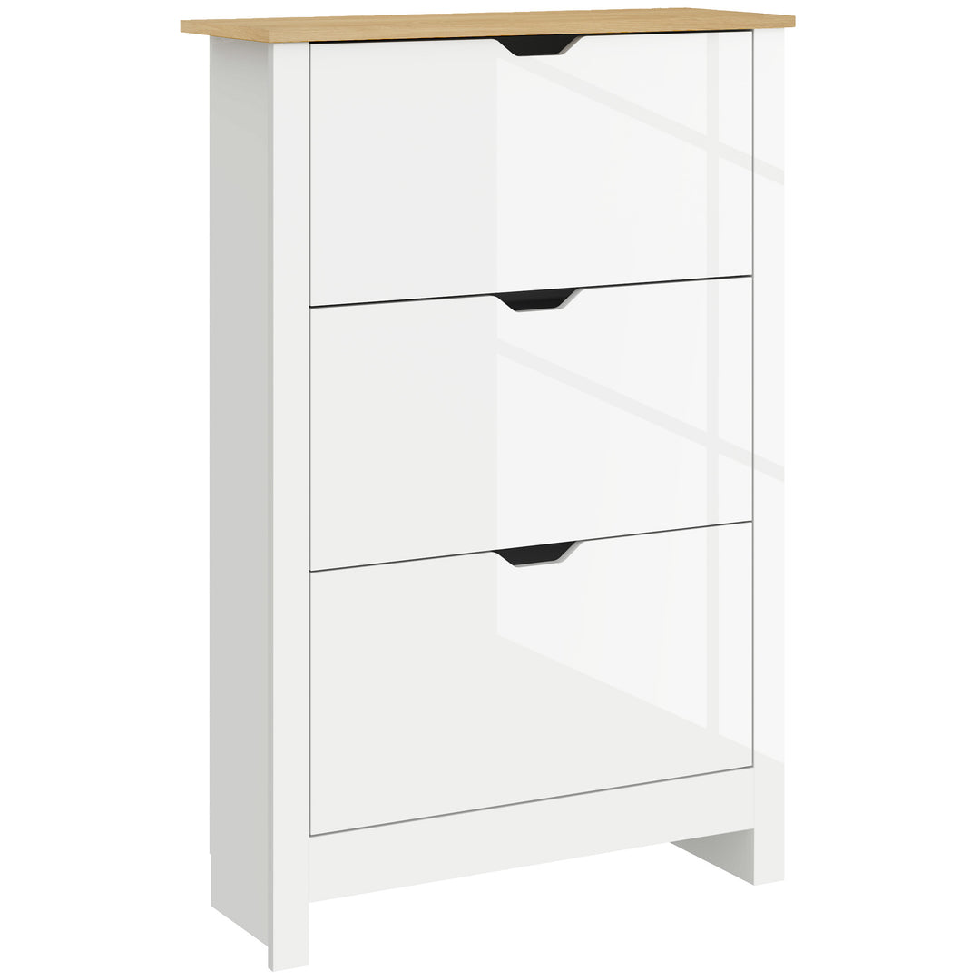 Slim Shoe Cabinet, Narrow Shoe Cupboard with 3 Flip Drawers, Adjustable Shelves for 18 Pairs of Shoes, High Gloss White