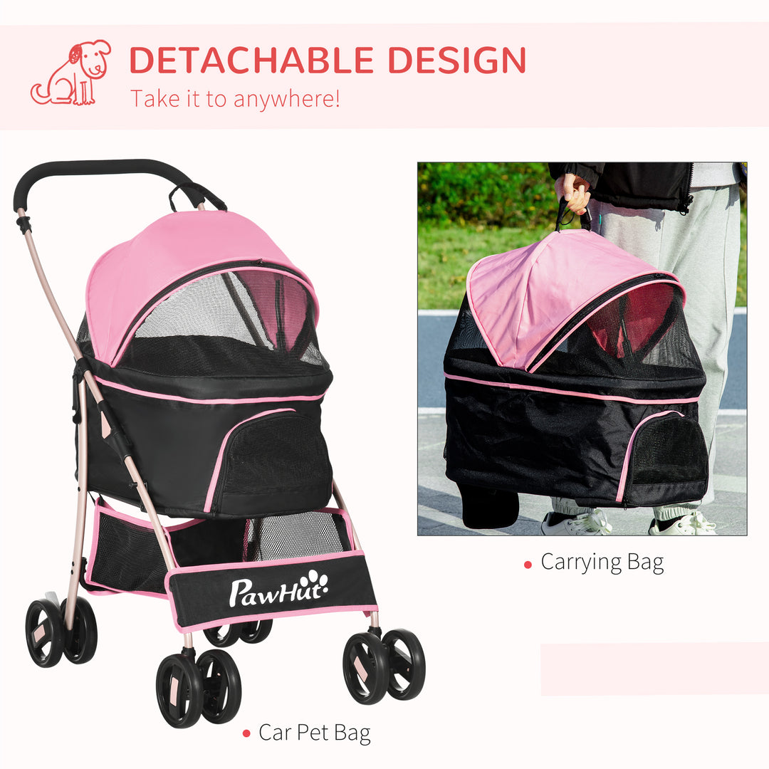 Detachable Pet Stroller with Rain Cover, 3 In 1 Cat Dog Pushchair, Foldable Carrying Bag w/ Universal Wheels, Brake, Canopy, Basket, Storage Bag for Small and Tiny Dogs - Pink
