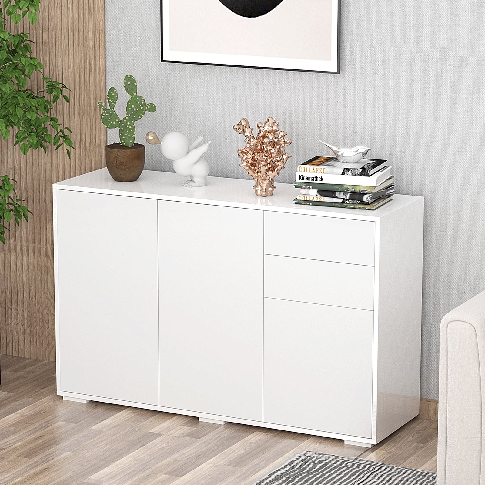 High Gloss Side Cabinet, Push-Open Design with 2 Drawers and 2 Cabinets for Living Room, 74H x 117W x 36Dcm, White