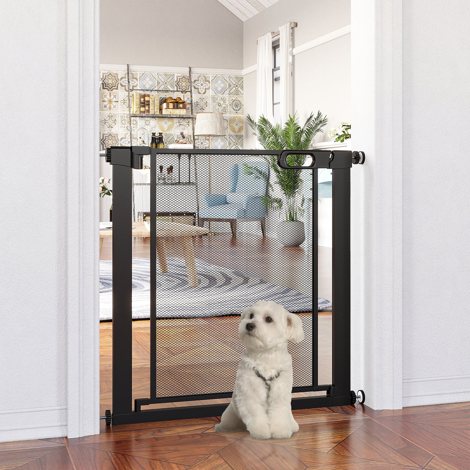 Dog Safety Gate, for Hallways, Staircases, Doors w/ Automatic Closing Door - Black