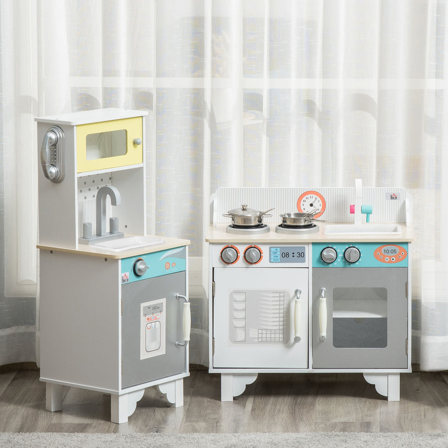 Two Kids Wooden Toy Kitchen Play Cooking Set Pretend Role Playset, with Sink, Telephone, Storage Basket, for 3-6 Years Old