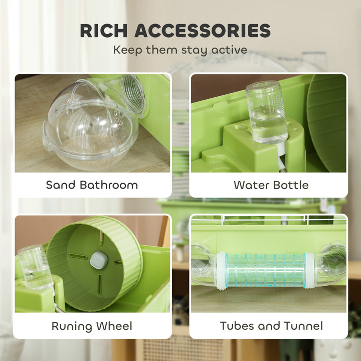 3-Tier Hamster Cage with Transparent Top, Sand Bathroom, Exercise Wheel, Hideout Room, Tubes, 45 x 28 x 60 cm, Green