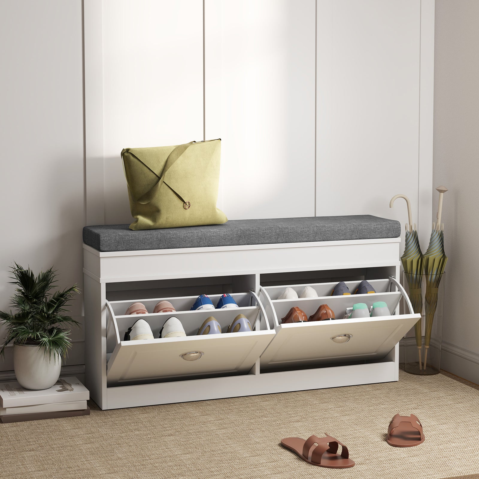 Shoe Storage Bench with Flip Drawers, Shoe Cabinet with Seat Cushion and Adjustable Shelf for Hallway, Entryway, Living Room, Bedroom, White