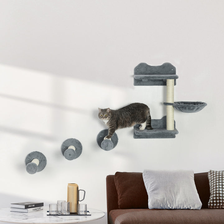 PawHut Wall-Mounted Cat Shelf Set, 4-Piece with Scratching Post, Space-Saving Design for Indoor Cats, Grey | Aosom UK