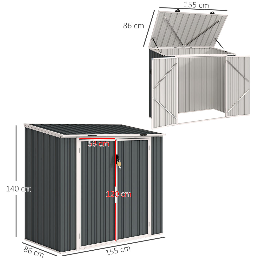 5ft x 3ft Garden 2-Bin Steel Storage Shed, Double Rubbish Storage Shed, Hide Dustbin w/ Locking Doors and Openable Lid