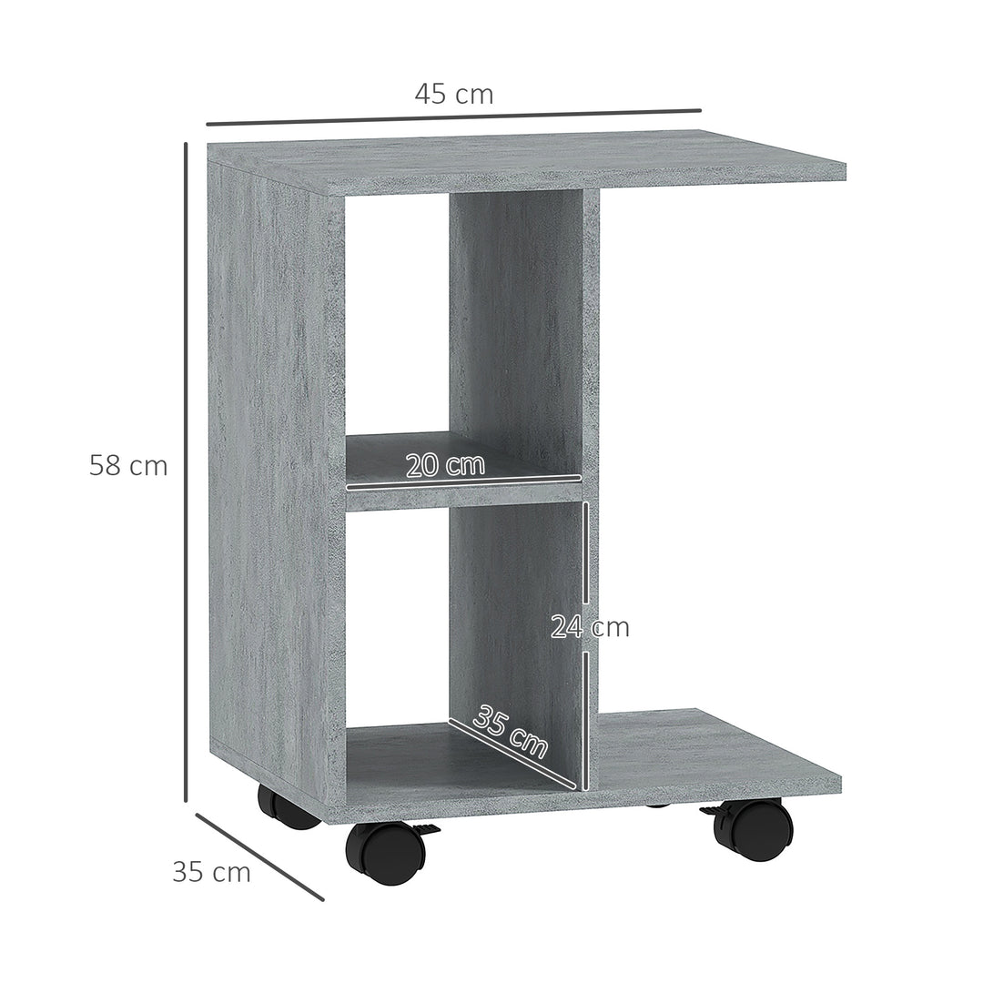 C-Shape End Table Unique Storage Unit w/ 2 Shelves 4 Wheels Freestanding Home Office Furniture Cabinet Square Studio Grey
