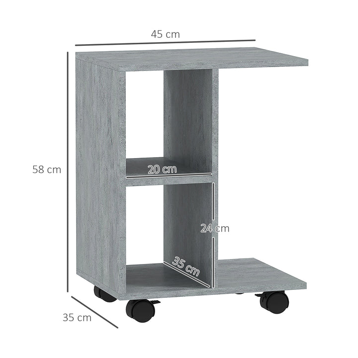 C-Shape End Table Unique Storage Unit w/ 2 Shelves 4 Wheels Freestanding Home Office Furniture Cabinet Square Studio Grey
