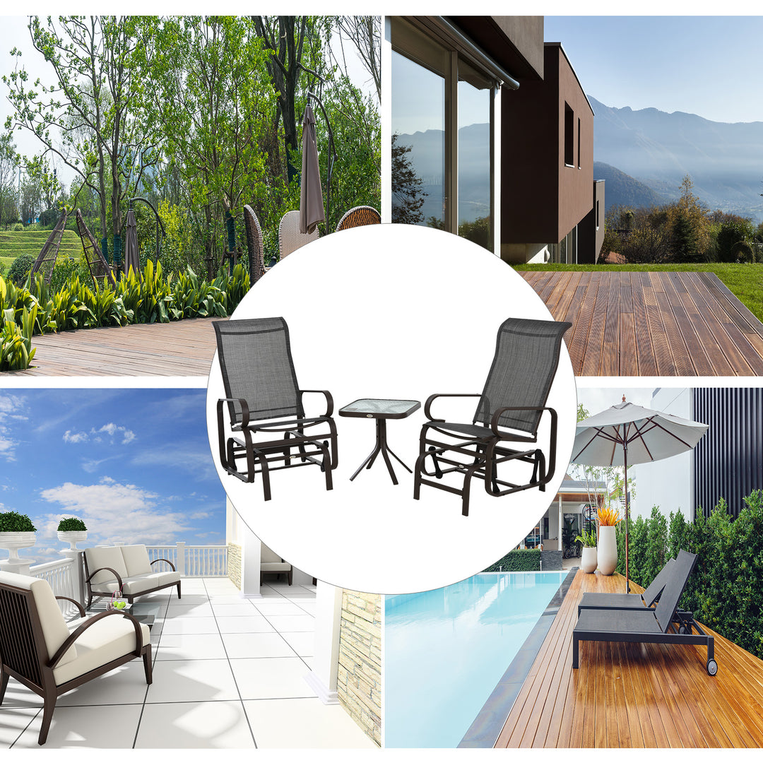 MCL 3 Pieces Garden Gliding Chair Set, Metal Frame 2 Single Armchair Swing Seater and 1 Glass Top Coffee Table w/ Breath Mesh Fabric Seat, Brown