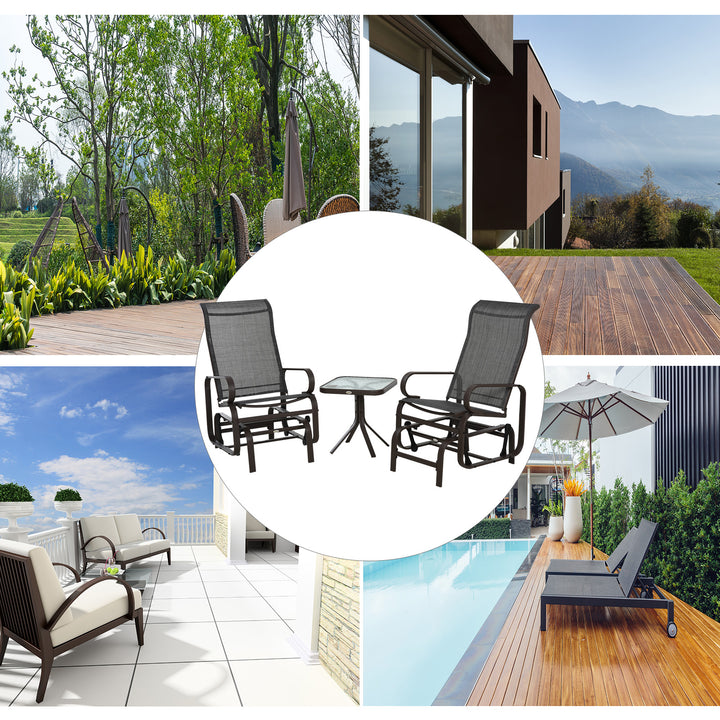 MCL 3 Pieces Garden Gliding Chair Set, Metal Frame 2 Single Armchair Swing Seater and 1 Glass Top Coffee Table w/ Breath Mesh Fabric Seat, Brown