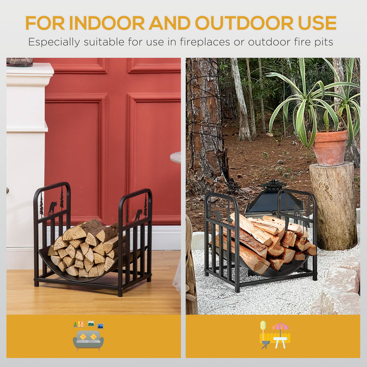 Metal Firewood Log Holder Indoor Outdoor Firewood Rack Inner Arced Fireplace Wood Storage Shelf w/ Bear Shape Design, Rust-Resistant, Black, 42W x 33.5D x 43H cm
