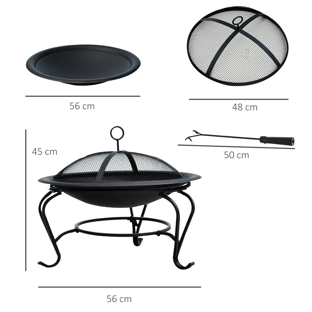 MCL Metal Firepit Bowl Outdoor Round Fire Pit w/ Lid, Log Grate, Poker for Backyard, Camping, BBQ, Bonfire, Wood Burning Stove, 56 x 56 x 45cm, Black